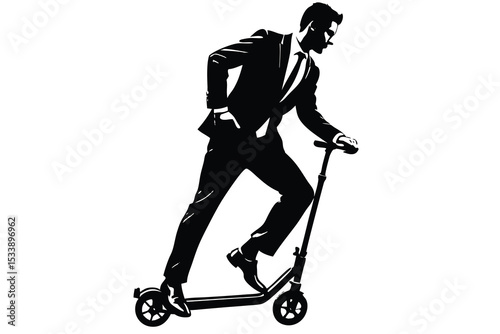 Silhouette of Business Man Riding Scooter, Monochrome Style, Modern Commute Concept
