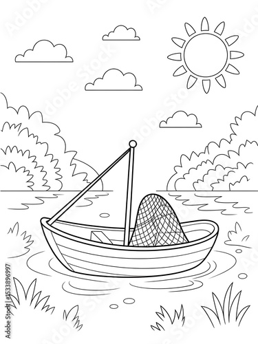 Black and White Line Art Coloring Page Small Fishing Boat on Calm Lake Sunny Day Simple Illustration Kids Coloring Book
