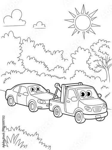 Black and White Line Art Coloring Page Tow Truck and Car in Sunny Landscape illustration