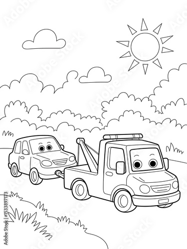 Black and White Line Art Coloring Page Tow Truck Towing Car Sunny Day Landscape Kids Coloring Book image