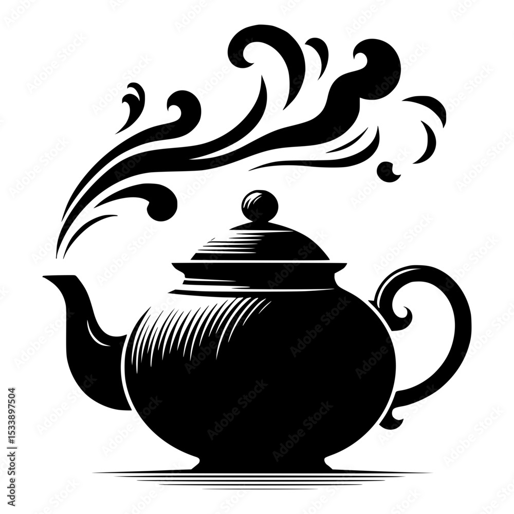 Ornate black teapot with steam design element