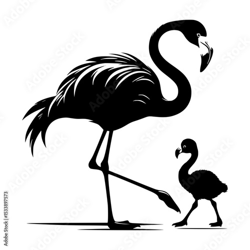 Adult flamingo and chick silhouette illustration