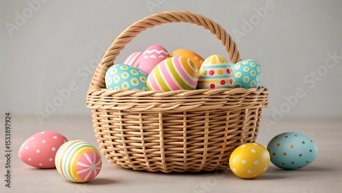 Vibrant Easter eggs in a wicker basket with colorful festive designs, representing holiday tradition, spring celebration, and seasonal joy