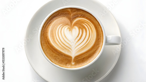 Perfectly crafted latte art heart in a creamy coffee, served in a white cup, showcasing barista skill, warmth, and cozy café ambiance