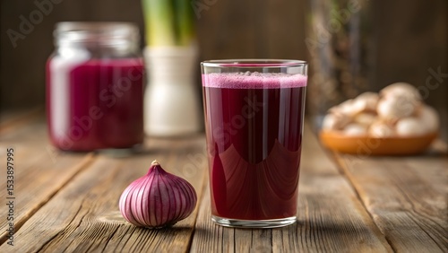 Fresh homemade red onion juice in a glass with whole onions, promoting health benefits, nutrition, and organic herbal remedy concepts