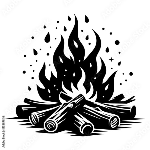 Campfire in the woods black and white illustration