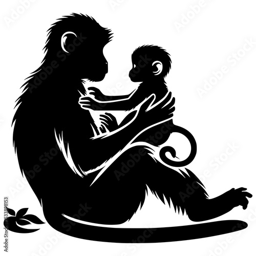 Mother monkey holding baby monkey silhouette