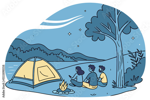 Summer illustration of a serene mountain and sea landscape with a tent, boat, and sun