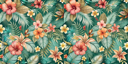 Colorful tropical floral pattern featuring hibiscus and lush green leaves.