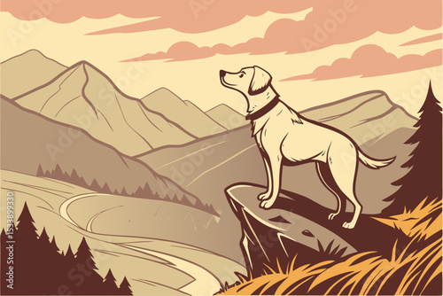 A dog standing on a rock against a sunset backdrop in a mountainous landscape