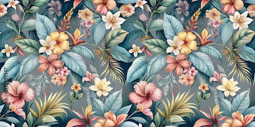 Vibrant floral pattern featuring colorful tropical blossoms and lush green leaves.