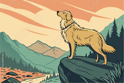 A dog standing on a rock against a sunset backdrop in a mountainous landscape