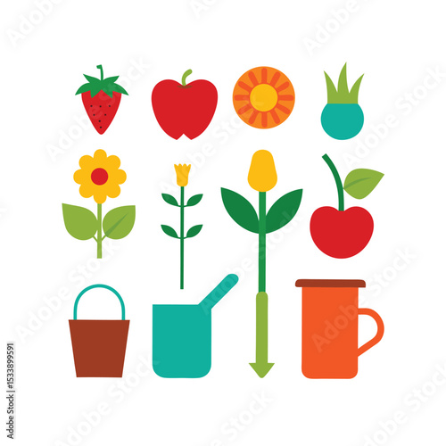 set of gardening tools and flowers