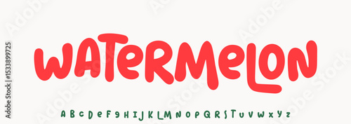 Summer Watermelon, joyful lettering, cartoon rounded typography. Childish font for friendly logo headline of culinary recipe book, sweets, ice cream title. Food typographic design. Vector typeset.
