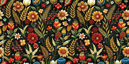 Vibrant floral pattern featuring diverse flowers and foliage in warm colors.