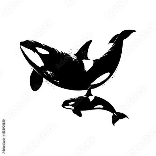 Orca whale mother and calf silhouette