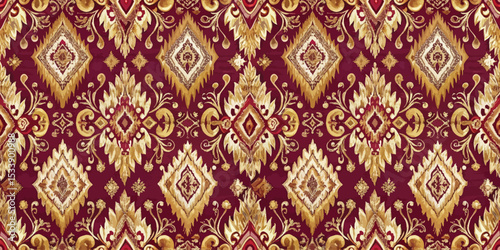 Elegant maroon and gold damask pattern with intricate floral designs.