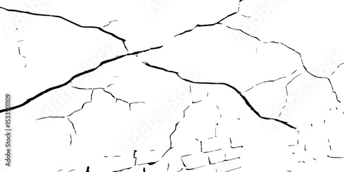"Cracked surface lines spreading organically across a white background, high-contrast black and white texture, resembling shattered glass or dry earth fractures — ideal for abstract design or overlays