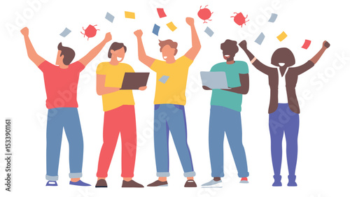 Group of diverse people celebrating success with laptops under falling confetti and red virus icons