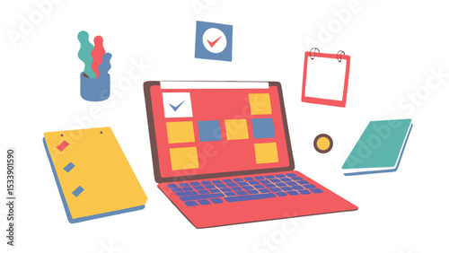 Illustration of a laptop with sticky notes, a plant, and other office related items floating around it