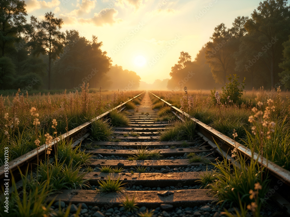 Fototapeta premium Sunset over a railway track with green trees on both sides, perfect for travel or journey themes. Generative AI