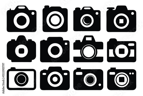 Collection of stylish black and white camera icons for photography and graphic design