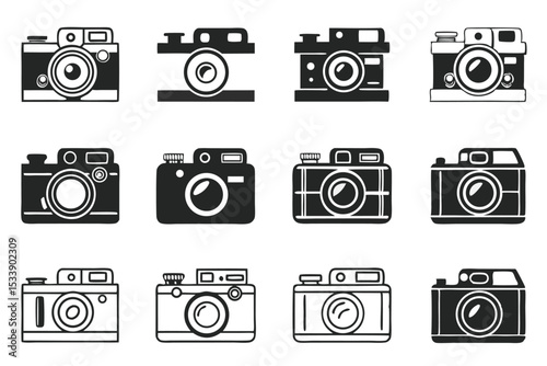 Vector illustrations of various stylish black and white camera icons for photography projects