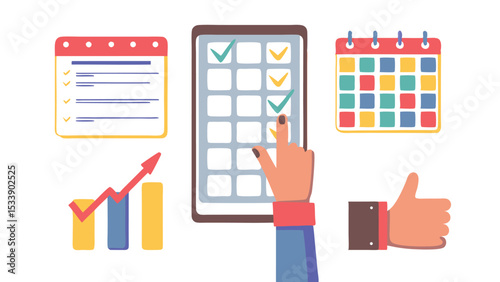 Illustration of a hand interacting with a checklist on a tablet with calendars and a graph around it