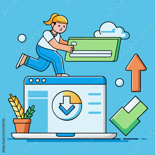 Downloading icon with girl and cloud in cartoon flat style