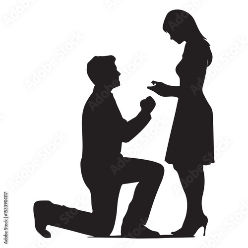 Romantic Proposal Man Kneeling Before Woman Offering Ring in a Timeless Silhouette