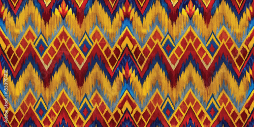 Vibrant geometric pattern in red, yellow, and blue hues with a tribal influence.