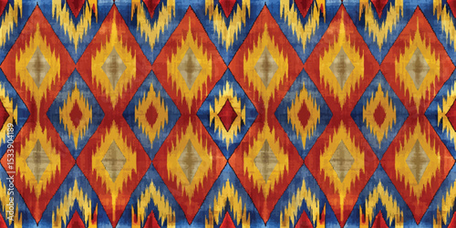 Vibrant geometric textile pattern featuring bold reds, yellows, and blues.