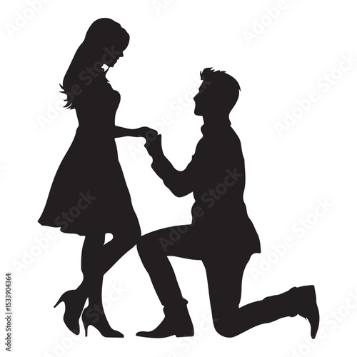 Romantic Proposal Man Kneeling Before Woman Offering Ring in a Timeless Silhouette