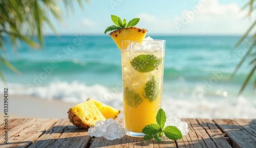 Refreshing Pineapple Mojito Cocktail on a Tropical Beach
