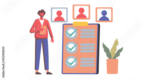 Man standing with checklist and profiles in background representing recruitment process flow and selection