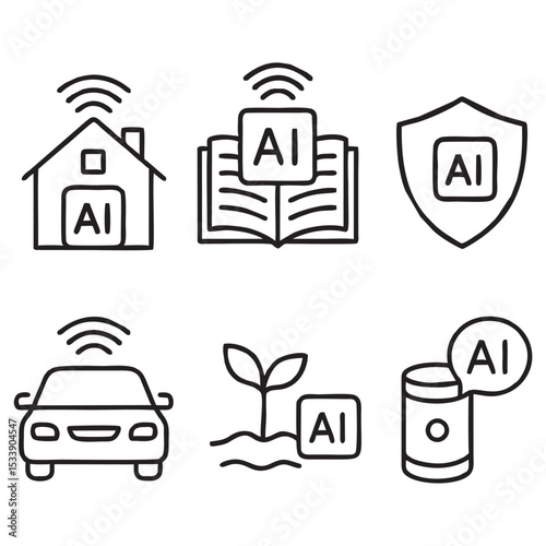 AI in Everyday Life Icons – Black and White Outline Vector Set