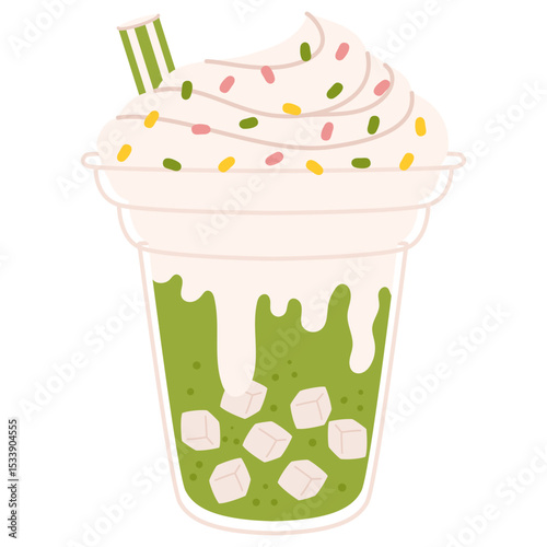 Matcha bubble soda with whipped cream and colorful sprinkles in plastic cup
