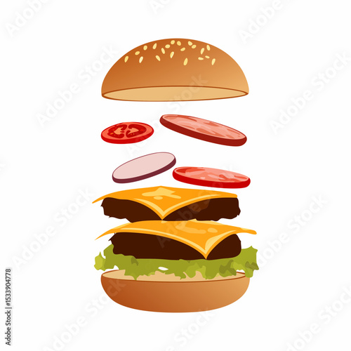 Floating Ingredients Burger Delicious Double Patty Recipe Illustration