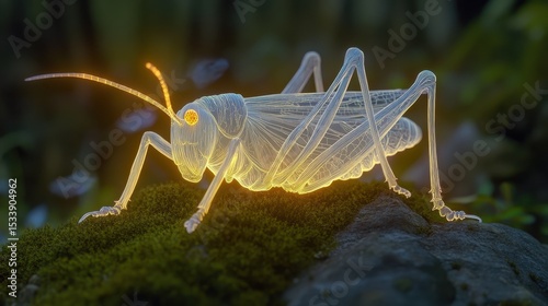 Glowing Grasshopper Illustration on Mossy Rock in Digital Art Style