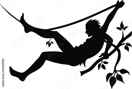 Silhouette of Figure Swinging on Vine with Foliage Black and White Jungle