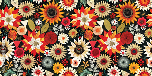 Vibrant floral pattern featuring sunflowers and diverse blooms on a dark background.