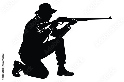 Silhouette of Kneeling Hunter Aiming Rifle, Wearing Hat and Boots, Black and White
