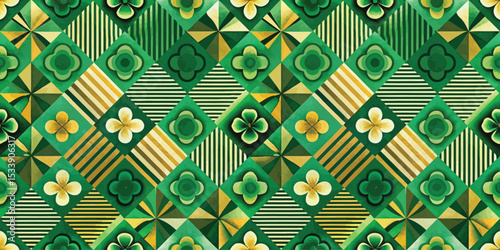 Vibrant green geometric pattern with floral motifs and stripes in various shades.