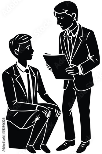 Business meeting illustration showing feedback and collaboration between two professionals in a black and white style