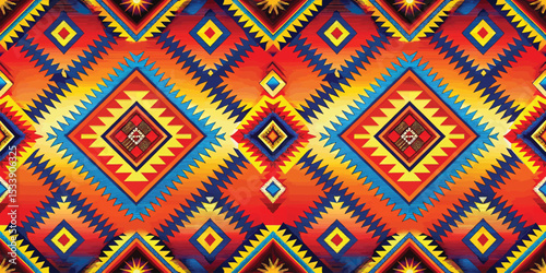 Vibrant geometric pattern in bold colors with intricate designs.