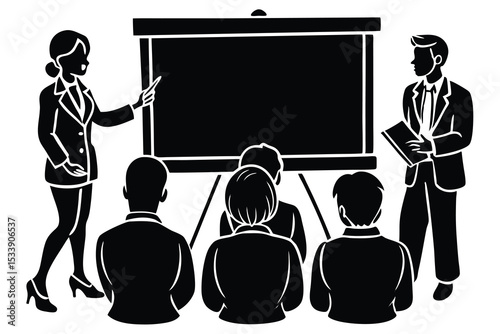 Business presentation illustration showing woman presenting to an audience in a boardroom