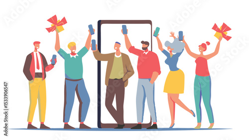 Group of people celebrating with phones and gifts in front of a large phone screen illustration