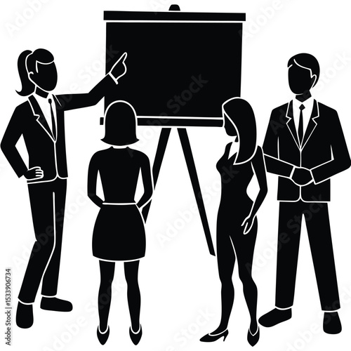 Business presentation with team projector black and white corporate meeting vector graphic