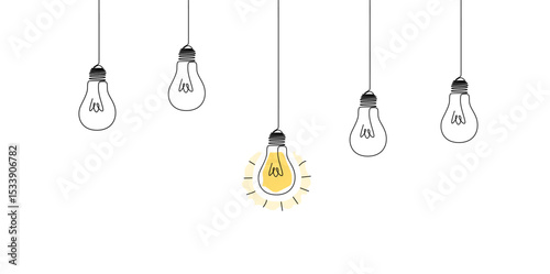 One continuous line drawing of hanging light bulbs with one shining. Concept of creative idea eps 10.