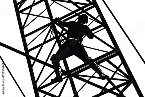Silhouette of Lineman Climbing Tall Transmission Tower in Striking Black and White